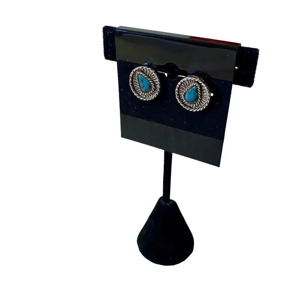 Southwest Style Button Earrings w/ Marbled Faux Turquoise Center.